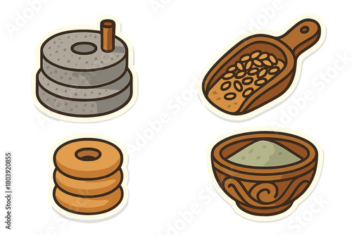 Ancient grain processing tools and ingredients including millstone, scoop, dough, and flour