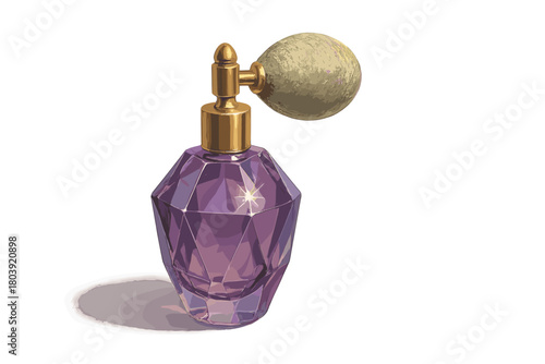 Luxurious vintage perfume bottle with faceted purple glass and gold atomizer on a white background