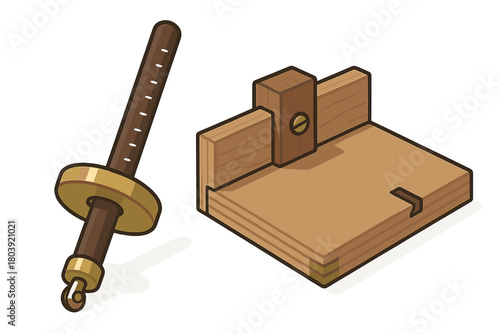 Traditional Japanese sword handle and woodworking jig set against a white background