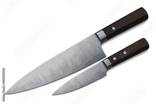 Professional chef knife and utility knife set with dark wooden handles and stainless steel blades