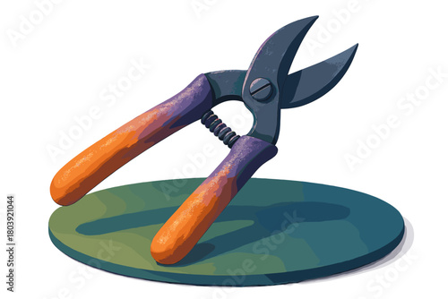 Stylized gardening pruning shears with dark metal blades and vibrant orange and purple gradient handles on a green platform