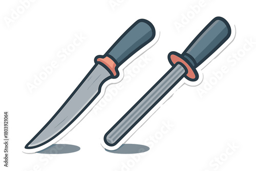 Set of sharp fillet knife and honing steel kitchen tools for blade maintenance