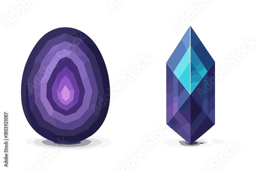 Abstract geometric design featuring a purple layered oval and a faceted blue crystal shape