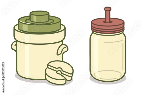 Traditional ceramic crock and modern glass jar used for food fermentation