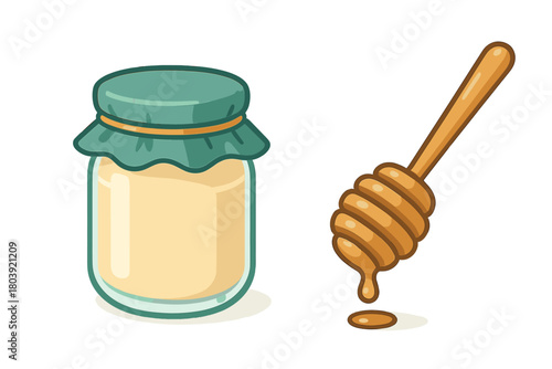 Glass jar of golden honey with a teal lid next to a wooden dipper dripping sweet liquid