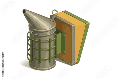 Traditional metal bee smoker with bellows, essential equipment for beekeeping on a white background