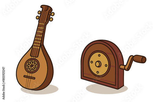 Traditional wooden lute musical instrument alongside an antique hand-cranked wooden mechanism on a clean white background