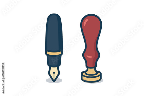 Elegant fountain pen with gold nib beside a vintage wax seal stamp for official documents