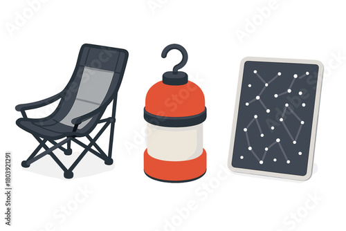 Set of essential outdoor gear including a folding chair, portable lantern, and constellation map for camping
