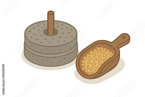 Traditional stone millstone grinder and wooden scoop full of wheat grains for grinding flour