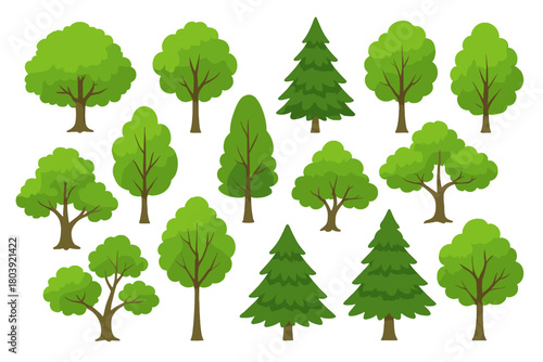 Set of stylized green deciduous and coniferous trees for park and forest scenes