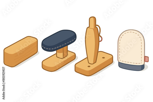 Professional tailoring and garment pressing tools set including wooden blocks and padded equipment
