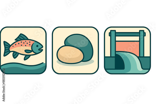River ecology and water management icons featuring fish, stones, and a dam structure