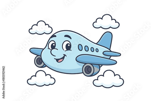 Cute blue airplane mascot character flying high in the bright sky surrounded by fluffy white clouds