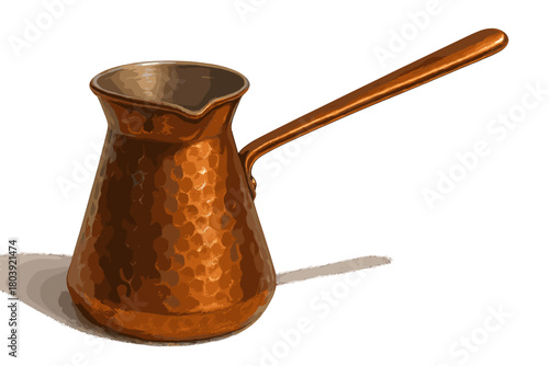 Traditional hammered copper Turkish coffee pot with long handle isolated on a white background