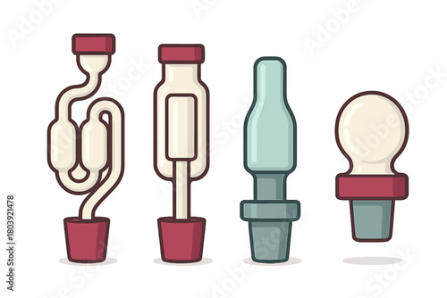Various fermentation airlocks and rubber bungs essential for brewing and winemaking equipment