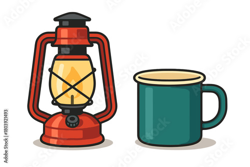 Retro style oil lantern and enamel camping cup isolated on white background