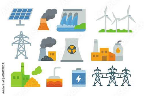 Solar, wind, nuclear, and fossil fuel energy icons with power transmission infrastructure
