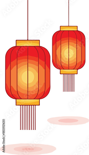 Two Hanging Chinese Lanterns with Gradient Colors and Decorative Tassels