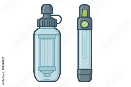 Portable water purification system featuring a filtered bottle and handheld UV sterilizer device
