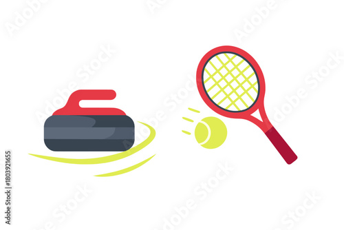 Contrasting winter curling stone and summer tennis racket with ball sports equipment