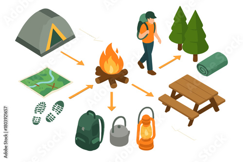 Isometric diagram of essential camping equipment and hiker around a blazing campfire