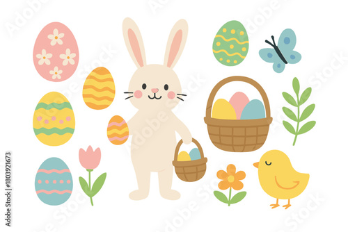 Cute Easter bunny holding a basket surrounded by colorful decorated eggs and spring elements