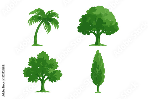 Four different green watercolor trees isolated on white background
