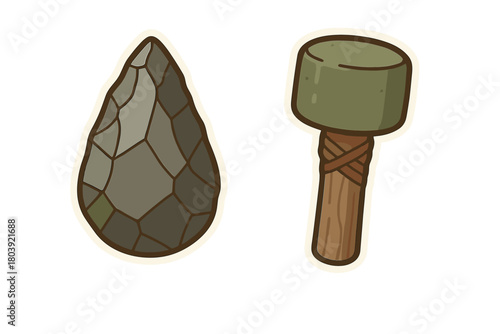 Set of primitive stone tools featuring a chipped hand axe and a prehistoric hammer or club