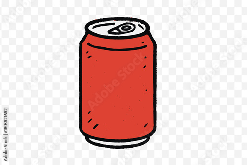 Red aluminum beverage can in hand drawn doodle style with grunge texture isolated