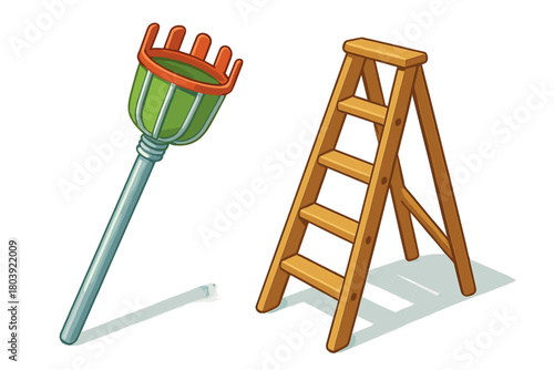 Small wooden stepladder and colorful plastic hand rake isolated on a white background for household chores and gardening work