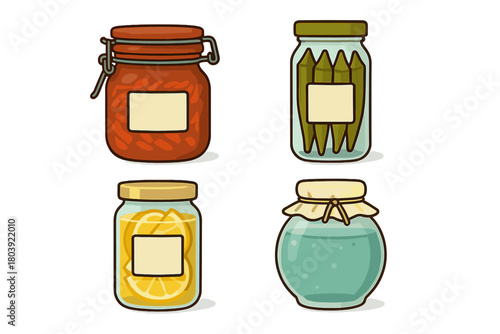 Assortment of sealed glass jars with homemade pickled vegetables and fruit preserves