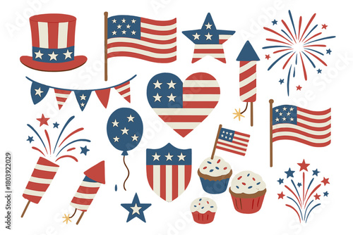 Set of patriotic American symbols flags fireworks and holiday celebration elements