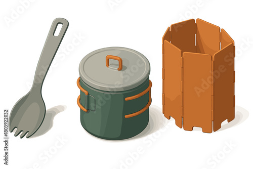 Essential outdoor cooking gear set with mess kit pot, spork, and folding stove wind shield