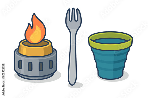 Portable camping stove burner with flame, metal fork, and collapsible silicone cup for outdoor cooking