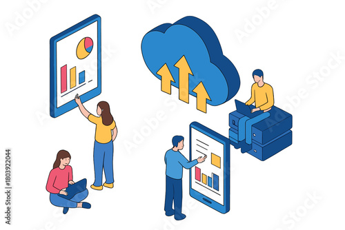 Isometric view of people analyzing data and collaborating on cloud computing