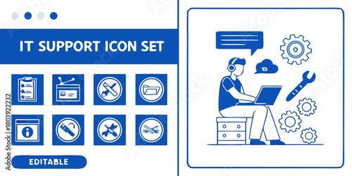 IT Support Icon Set: Editable vector illustrations for technical assistance and online help services. Set of flat line icons for IT services, including support, settings, and repair symbols. 