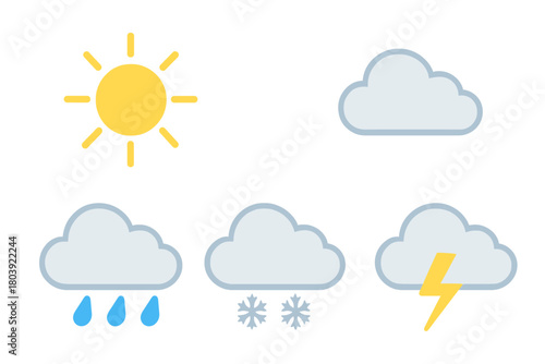 Basic weather forecast symbols including sun, clouds, rain, snow, and lightning
