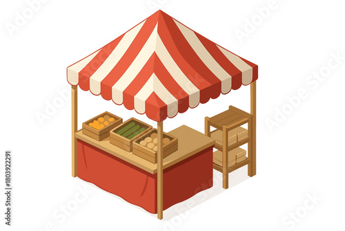 Isometric farmer's market stall with striped canopy and fresh produce crates