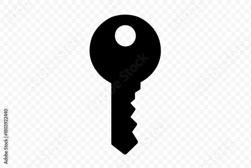 Simple black silhouette of a generic modern key used for access and security