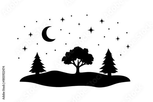 Serene black silhouette of a forest landscape at night with crescent moon and sparkling stars