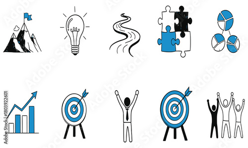 Business Goal Achievement Icons Success, Strategy, and Teamwork