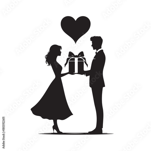 Couple exchanging a gift silhouette