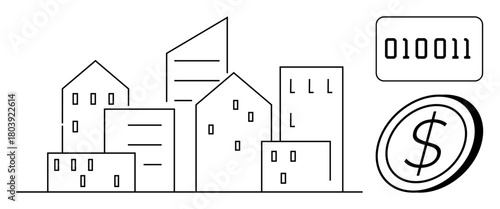 Cityscape of buildings, coin with dollar sign, and binary code. Ideal for real estate, digital finance, urban economy, property trade, smart cities technology abstract wealth. Simple flat metaphor