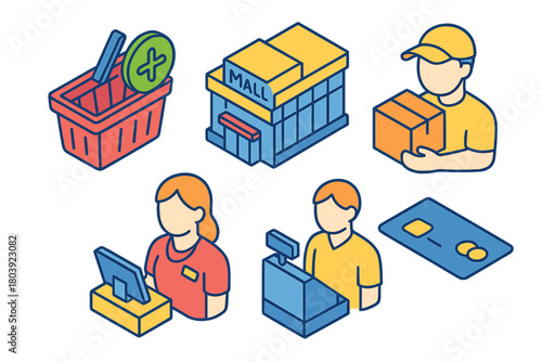 Isometric set of commerce and retail icons showing shopping mall, delivery, payment, and customer service