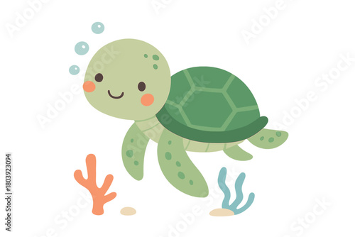Cheerful green sea turtle swimming underwater among colorful coral and bubbles