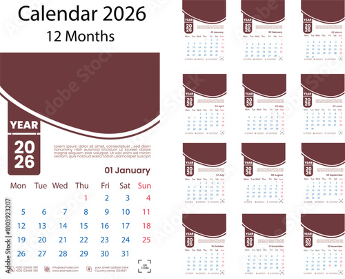calendar  2026 year, schedule month calender, organizer template. Week starts on Monday. Business personal page for Spain. Modern simple dairy. Vector illustration