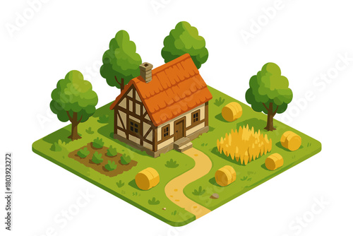 Traditional European farmhouse in isometric view surrounded by hay bales and green trees