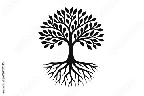 Stylized black silhouette of a large tree with abundant leaves and deep spreading roots