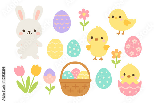 Cute Easter holiday set featuring bunny, chicks, decorated eggs, flowers, and basket